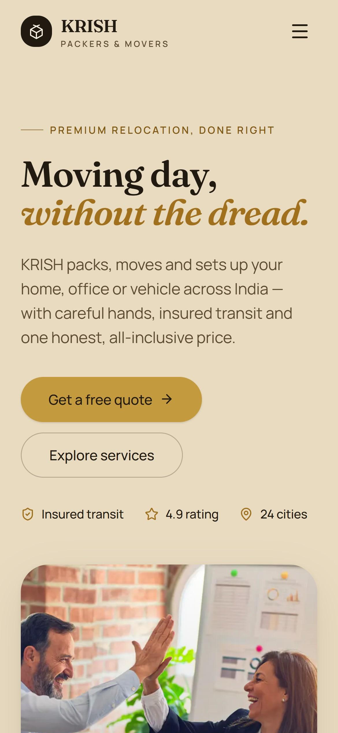 The Krish Movers & Packers website on a phone
