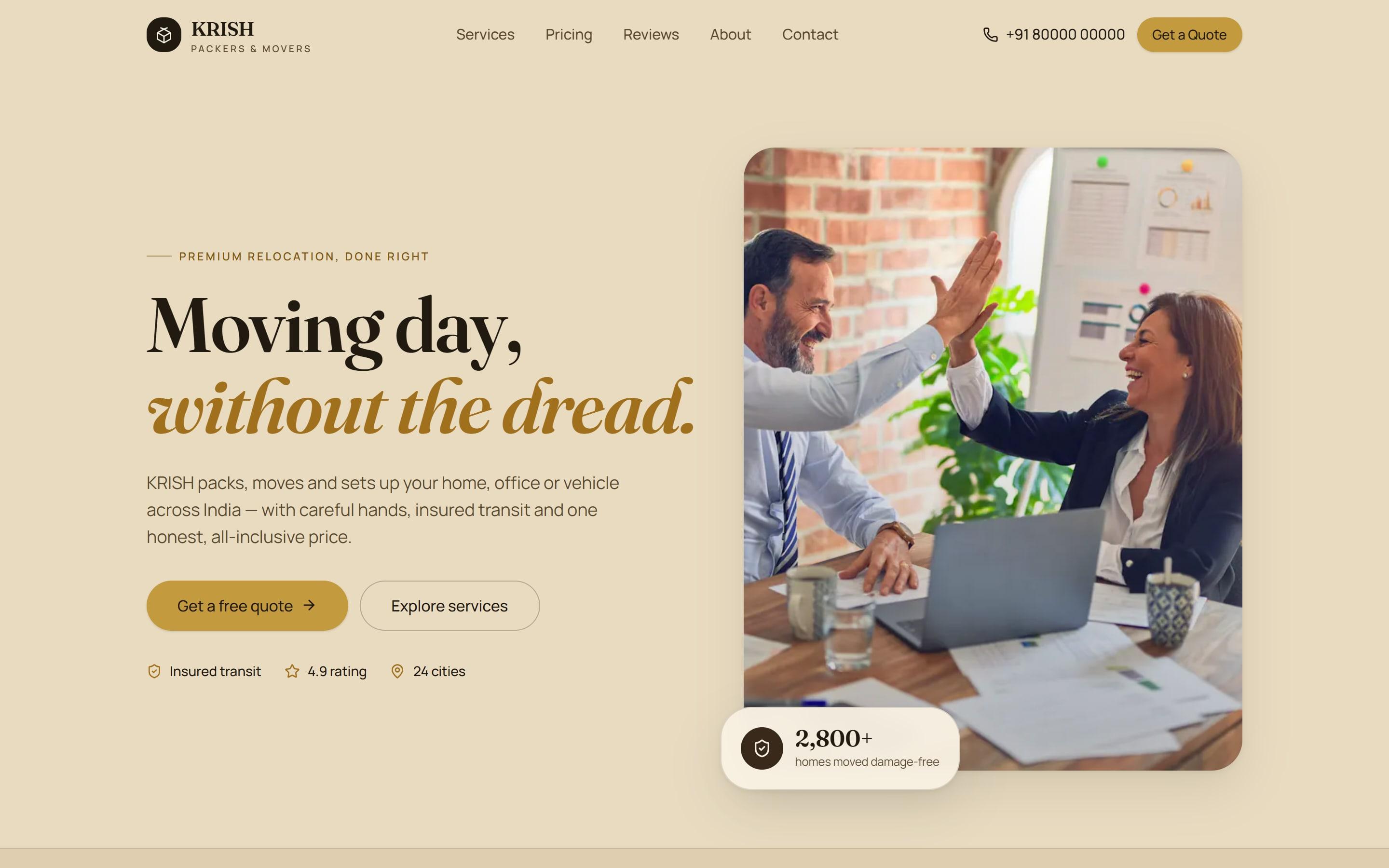 The Krish Movers & Packers website on a laptop