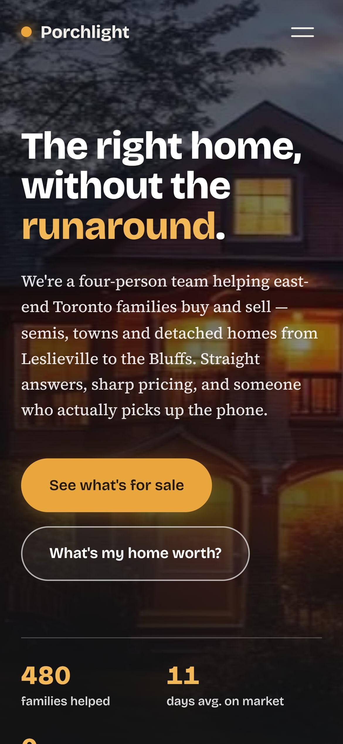 The Porchlight Realty website on a phone